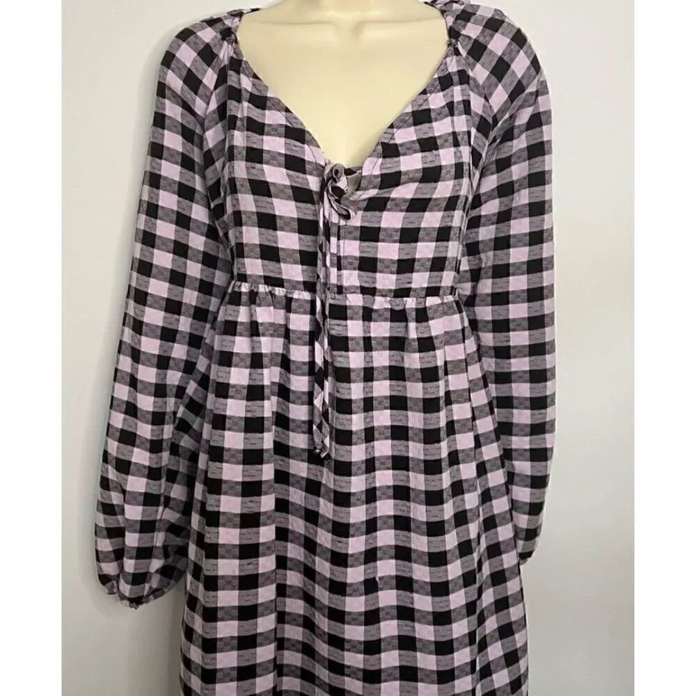 💕Wild Fable Womens LARGE Mini A Line Dress Purple Black Buffalo Plaid V Neck T